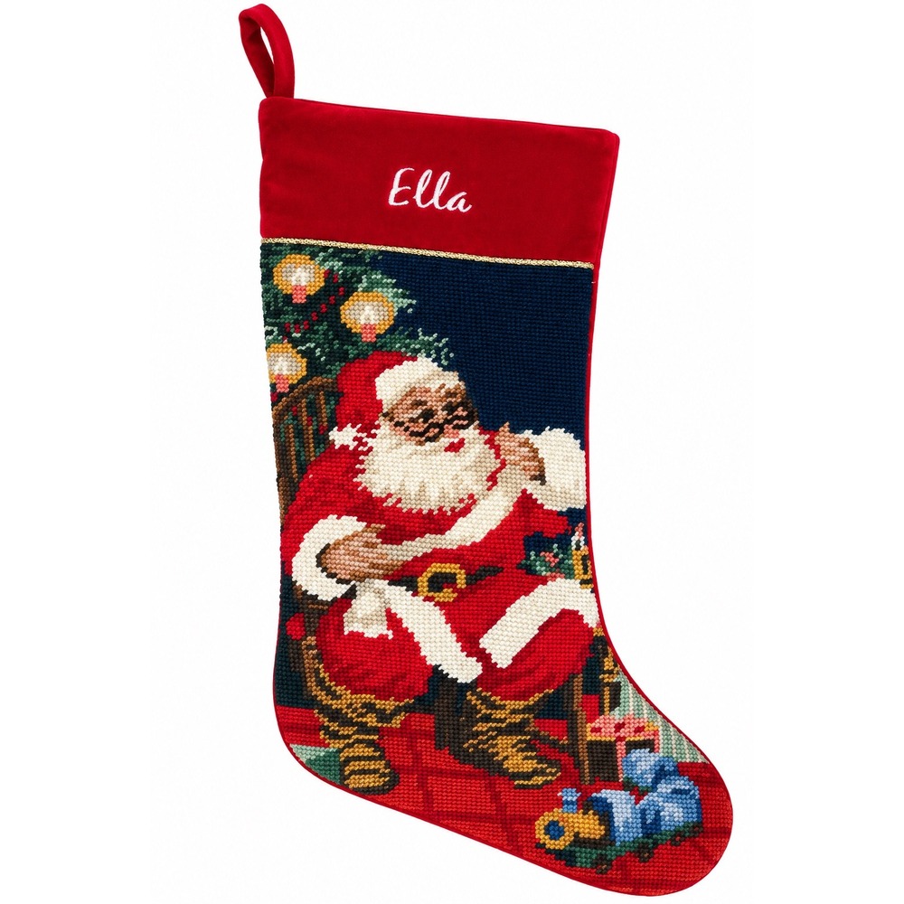 Needlepoint Christmas Stocking Santa Toys Red Velvet Personalized Ella